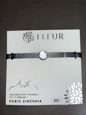 Fleur Round Pendant Cubic Zirconia with Black Choker Necklace